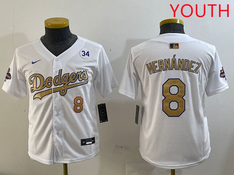 Youth Los Angeles Dodgers #8 Hernandez White Champion gold character 2025 Nike MLB Jersey style 4
